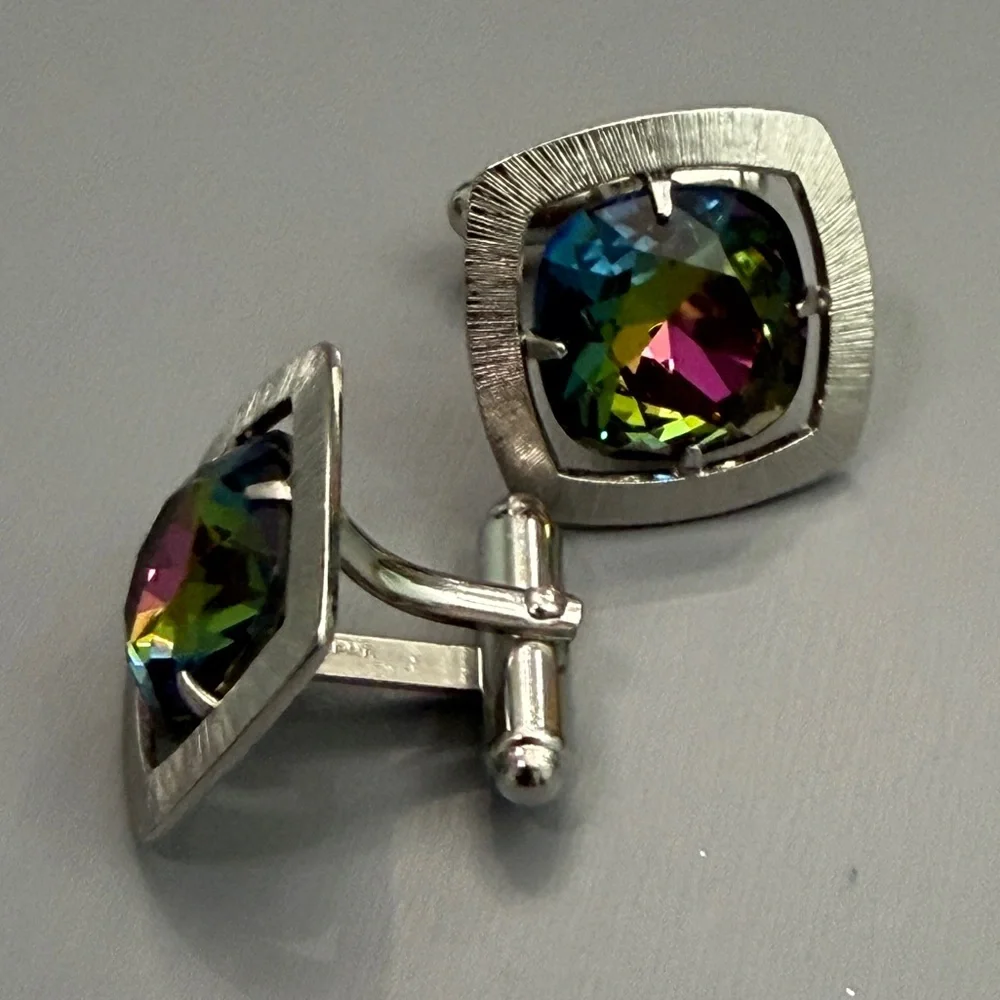 Vintage Anson Silver Set Watermelon Rhinestone Mid Century Modern Cufflinks